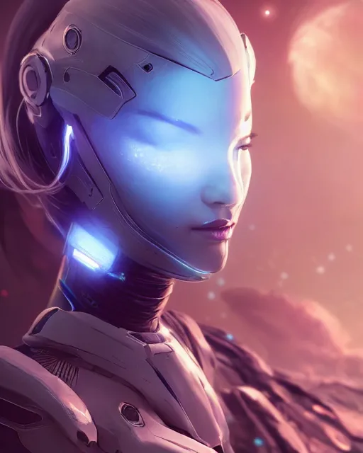 Image similar to perfect android girl on a mothership, warframe armor, beautiful face, scifi, futuristic, galaxy, nebula, raytracing, dreamy, long white hair, blue cyborg eyes, sharp focus, cinematic lighting, highly detailed, artstation, divine, by gauthier leblanc, kazuya takahashi, huifeng huang