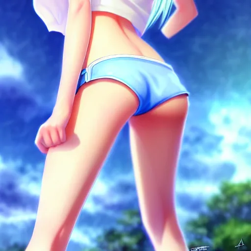 Image similar to tiny father a tall daughter picture : a very beautiful young blond anime girl, sky blue eyes, bikini, white miniskirt, highly detailed, cinematic wallpaper by stanley artgerm lau