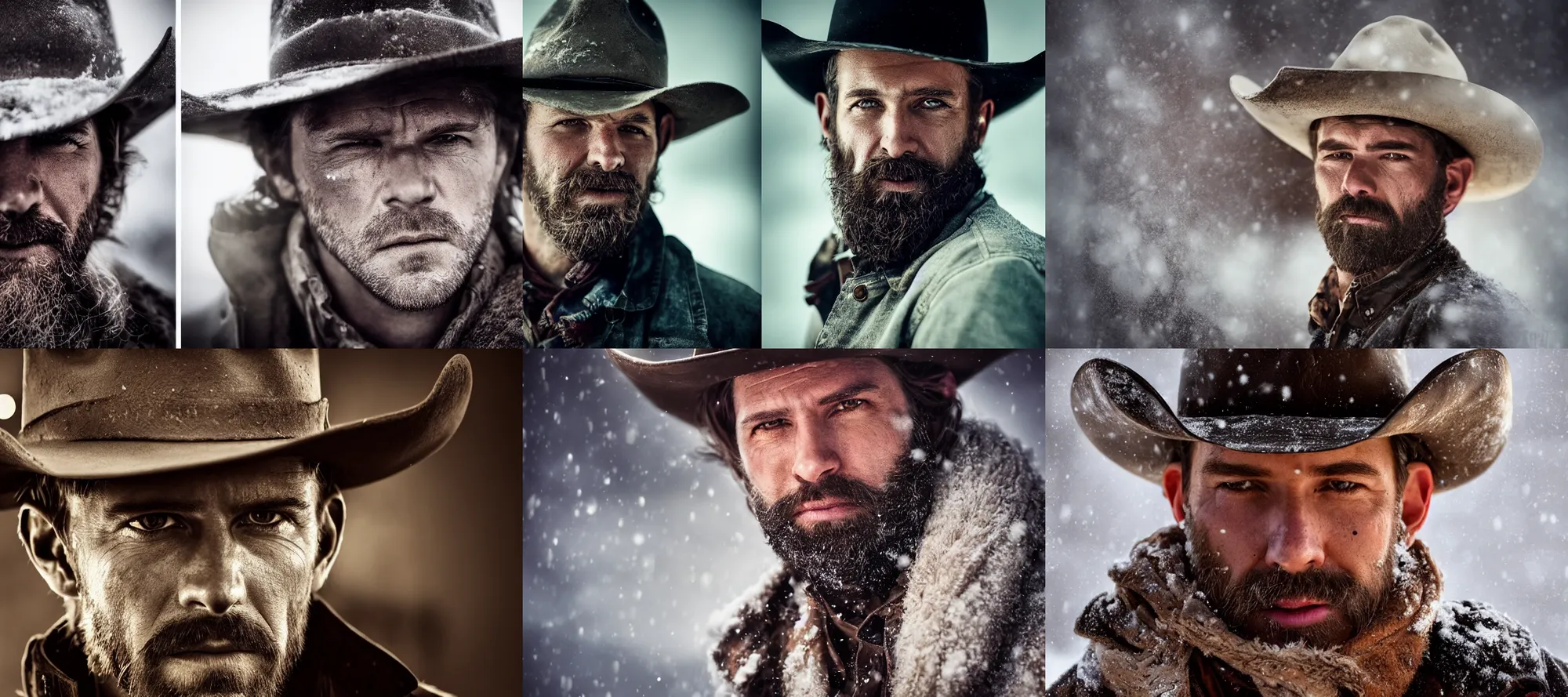 Prompt: a cinematic headshot portrait of a cowboy rugged intense, dark bar, bokeh glow, light snow, ultra realistic, dramatic lighting, by mike campau and annie leibovitz, 8 k hdr