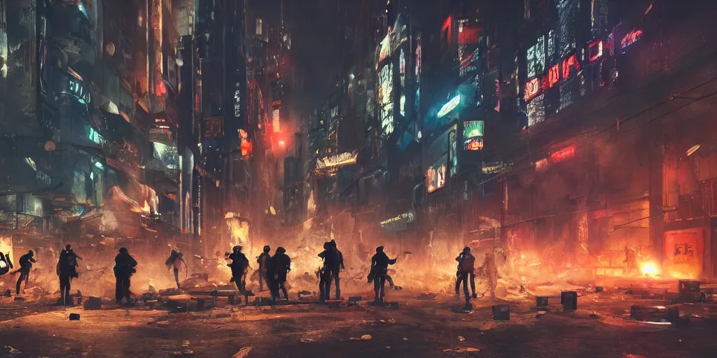 Image similar to very long shot, riot in a cyberpunk city, police use special equipment against the crowd on a square, high detail art, evening, police sirens in smoke, dark environment