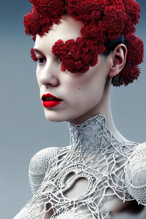 Image similar to complex 3 d render, hyper detailed ultrasharp beautiful biomechanical mandelbrot fractal filigree mesh wire female cyborg portrait with a porcelain profile face, elegant crown with big hydrangea foliage leaves stems roots, red lips, alexander mcqueen haute couture, art nouveau fashion, octane render, 8 k