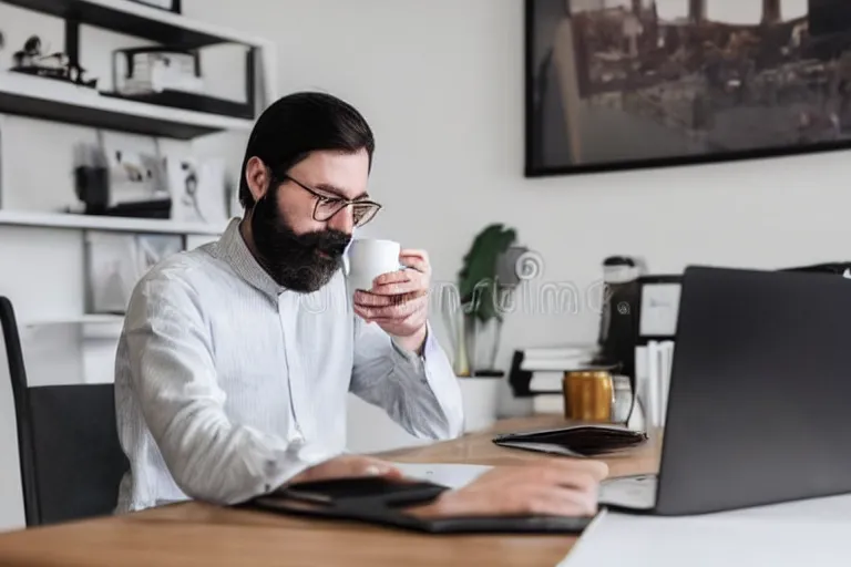 Prompt: a white man with dark hair and a trimmed dark beard is in his office during the day and is drinking coffee while having a zoom meeting on his laptop, stock photo, no watermark