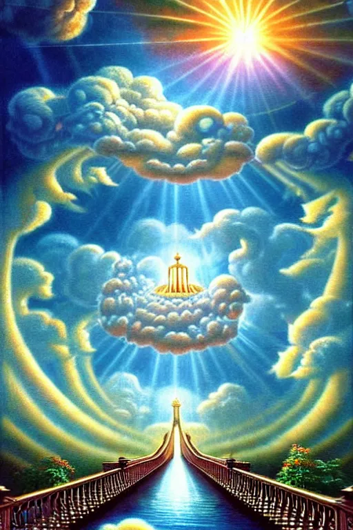 Prompt: a photorealistic detailed cinematic image of a departed soul crossing the ornate bridge, divinity, utopian, beautiful being, enlightenment, cumulus clouds, reincarnation, life cycle, ornate spiral stairs, isometric, by pinterest, david a. hardy, kinkade, lisa frank, wpa, public works mural, socialist