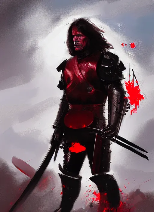 Image similar to schwarzenegger, long hair, wearing a black and red armor and two swords, by ismail inceoglu