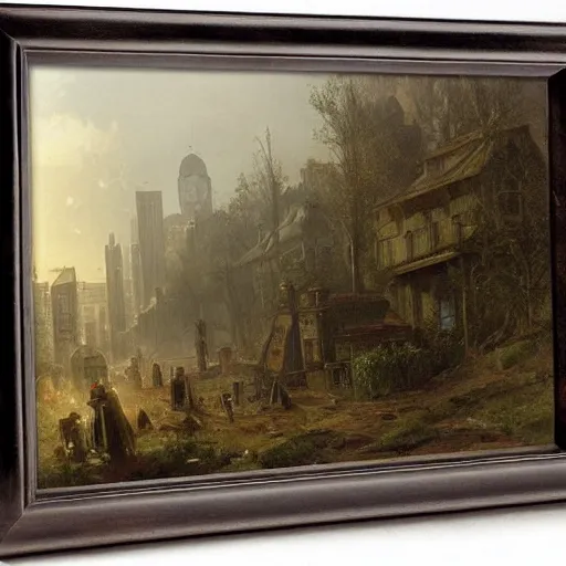 Image similar to post apocalyptic frankfurt city streets, overgrown, landscape, romanticism by andreas achenbach