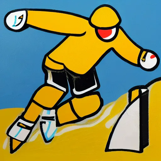 Prompt: ice hokey player in summer landscape yellow bull