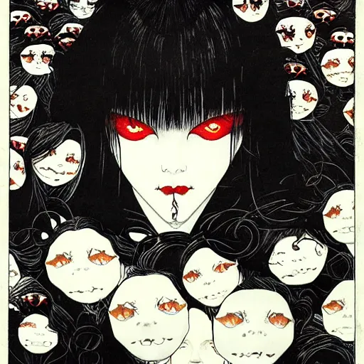 Image similar to beautiful vampire goth woman with red eyes surrounded by ghosts and shadows in a hallway of mirrors, Takato Yamamoto, award winning illustration, character concept