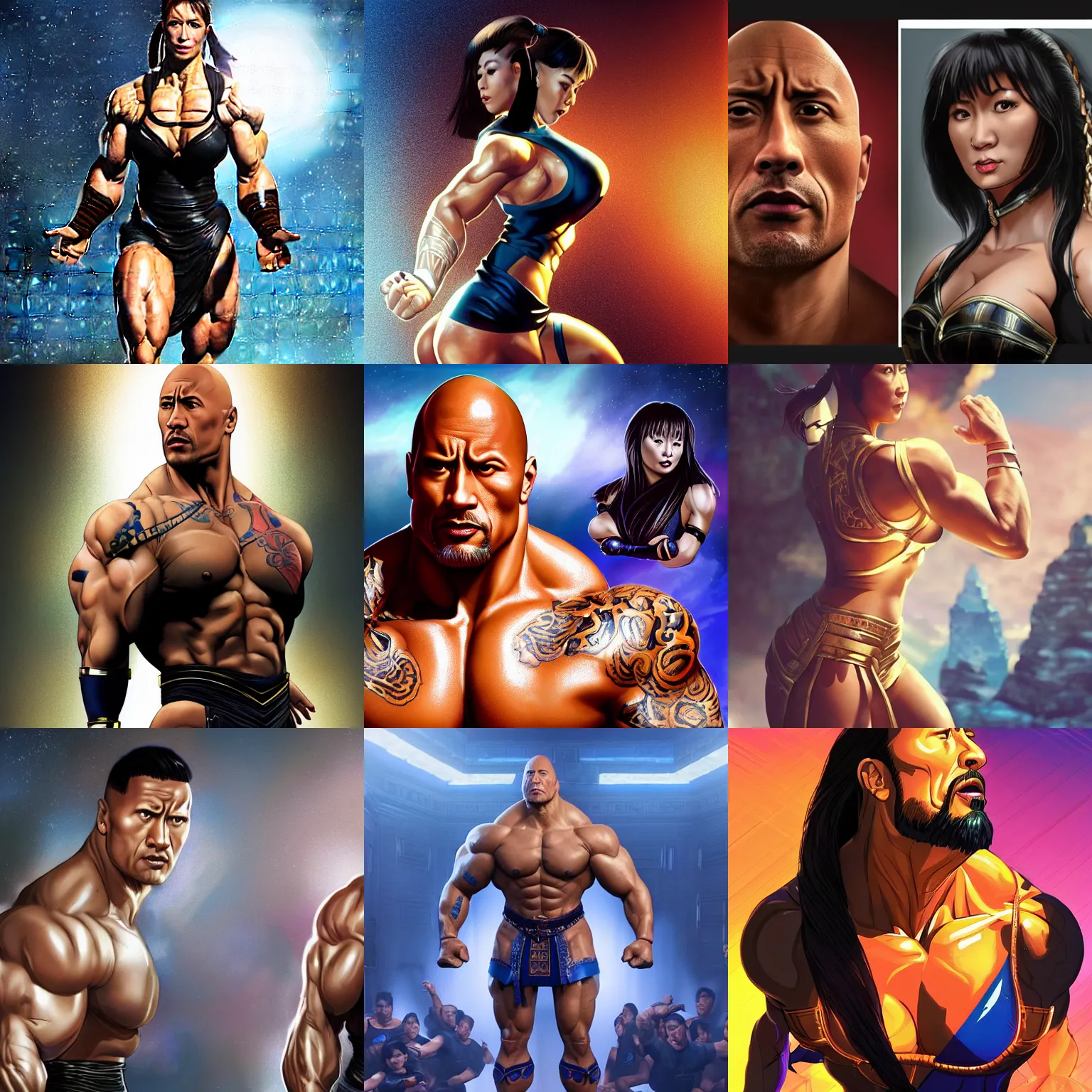 Prompt: dwayne johnson in tight woman chun li mini skirt with dwayne johnson face and dwayne johnson body, visible face, camera on face, intricate, epic lighting, cinematic composition, hyper realistic, 8k resolution, unreal engine 5, by Artgerm, tooth wu, dan mumford, beeple, wlop, rossdraws, James Jean, Andrei Riabovitchev, Marc Simonetti, yoshitaka Amano, Artstation