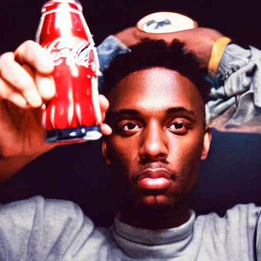 Image similar to 1 9 9 0's rapper holding a bottle of coca - cola, fisheye lens