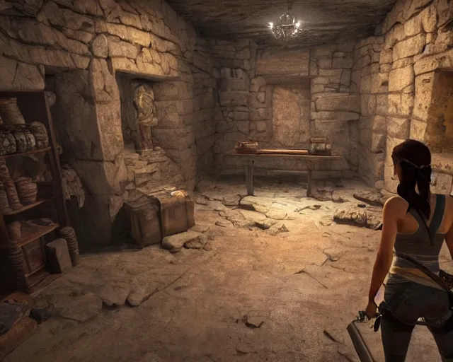 Image similar to screenshot of tomb raider and uncharted and indiana jones videogame ps 5 in an ancient undiscovered room with a chest full of ingots and gems and precious, concept art, architecture design, pyramids style, rtx, nvidia, renderer, stunning graphics