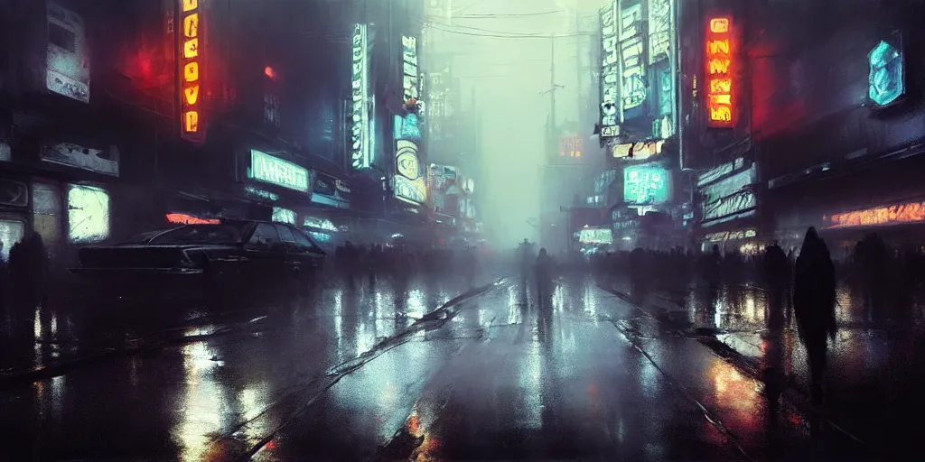 Image similar to beautiful painting by jeremy mann, cyberpunk street, neon signs, still from blade runner movie, desaturated, oil painting, perfect composition, detailed octane render trending on artstation, misty, ominous, unsettling, 8 k artistic photography, volumetric cinematic perfect light, wlop, artgerm, greg rutkowski