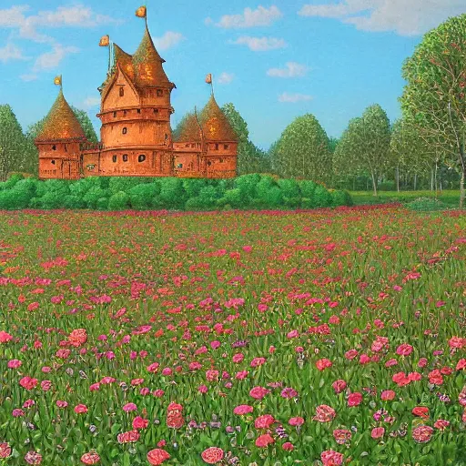 Prompt: a beautiful painting of a large walking turtle castle in a field of flowers by moebius