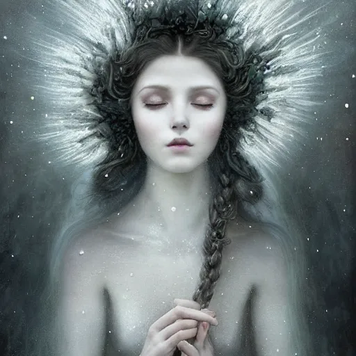 Prompt: Beautiful Delicate dark art Detailed full head portrait of snow woman, With Magical grey eyes by Tom Bagshaw, Bastien Lecouffe Deharme, Erik Johansson, Amanda Sage, Alex Grey, Alphonse Mucha, Harry Clarke, Josephine Wall and Pino Daeni, Delicate winter frozen creature With long white grey windy Hair and Magical Sparkling Eyes, Magic Particles; Magic Swirls, in a out of this world magical frozen landscape, 4K; 64 megapixels; 8K resolution concept art; detailed painting; digital illustration; hyperrealism; trending on Artstation; Unreal Engine Photorealistic, lifelike, Unreal Engine, sharp, sharpness, detailed, 8K