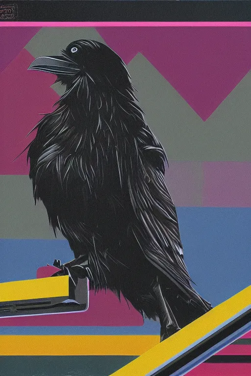 Image similar to a raven using 8 0 s era technology, vintage shapes, retro technology, pantone color, wayne barlow, oil on canvas, deep depth of field, masterpiece, cinematic composition, hyperdetailed