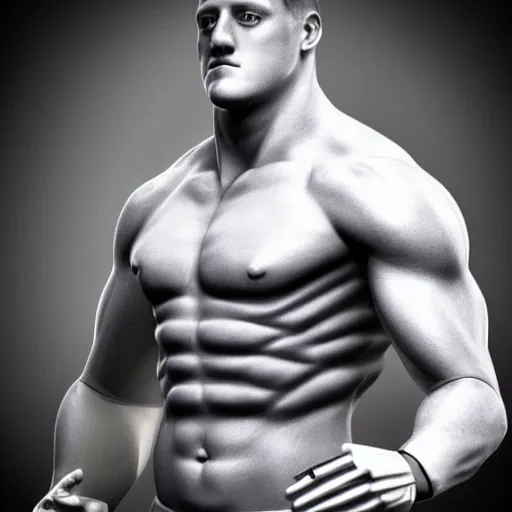 Image similar to “a realistic detailed photo of a guy who is an attractive humanoid who is half robot and half humanoid, who is a male android, football player JJ Watt, shiny skin, posing like a statue, blank stare”