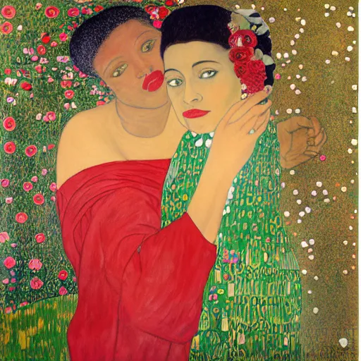 Prompt: Woman holding another woman, arm around her neck, black skin color, both have red lips, wearing a hijab, silk ribbon over her eyes, Gustav Klimt style, against a background of flowers, Photorealism