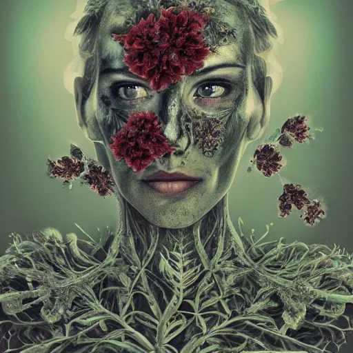 Image similar to a beautiful detailed front view portrait of a rotten woman corpse with fractal plants and fractal flowers growing around, volumetric light, beautiful lit, polaroid photography