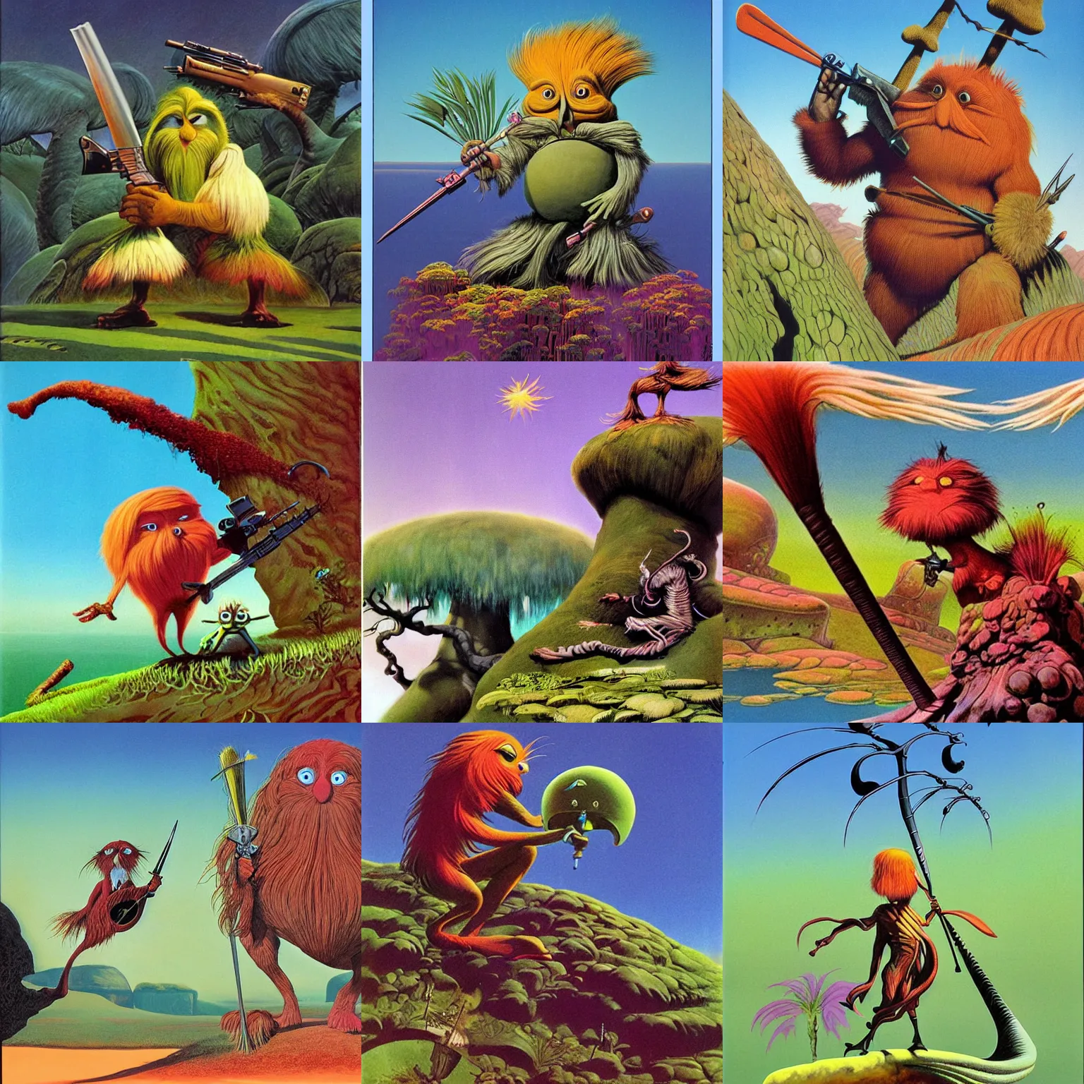 Prompt: art by roger dean. lorax with modern weaponry