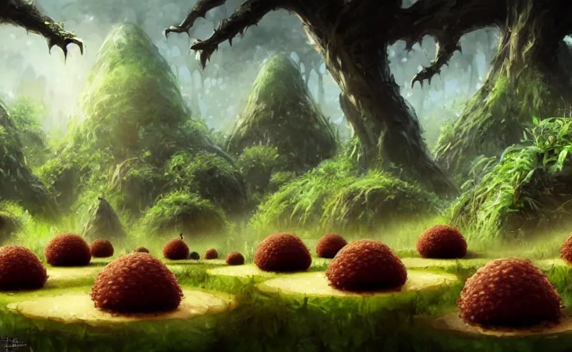 Image similar to a group of rice ball creatures with unthreatening facial expressions ; magic : the gathering fantasy concept art of balls of rice with blank facial expressions, by frank frazetta and marco bucci, high resolution. magical fantasy forest in the background, fantasy coloring, intricate, digital painting, artstation, smooth, sharp focus