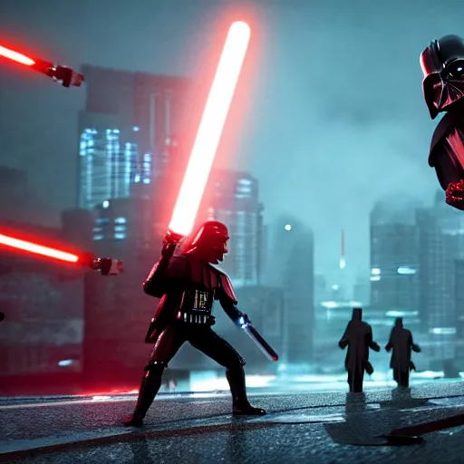 Prompt: they highly detailed intensely cinematic action scene of Darth Vader fighting and using the dark side of the Force and his red lightsaber against a towering electrified Godzilla at nightfall in a war-torn Tokyo city scape, realistic scale, 8k, unreal engine, octane render