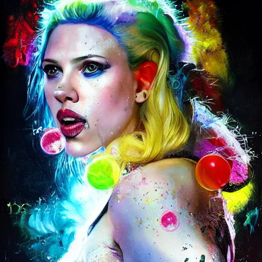 Image similar to young scarlett johansson as delirium from sandman, ( hallucinating colorful soap bubbles ), by jeremy mann, by sandra chevrier, by jean giraud and richard avedon, punk rock, tank girl, high detailed, 8 k