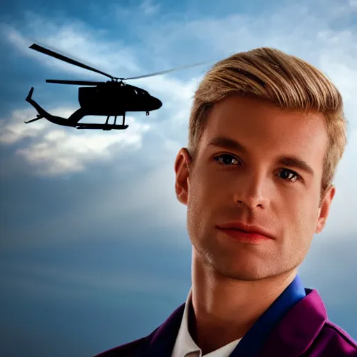 Image similar to blond male doctor in front of helicopter, epic lighting