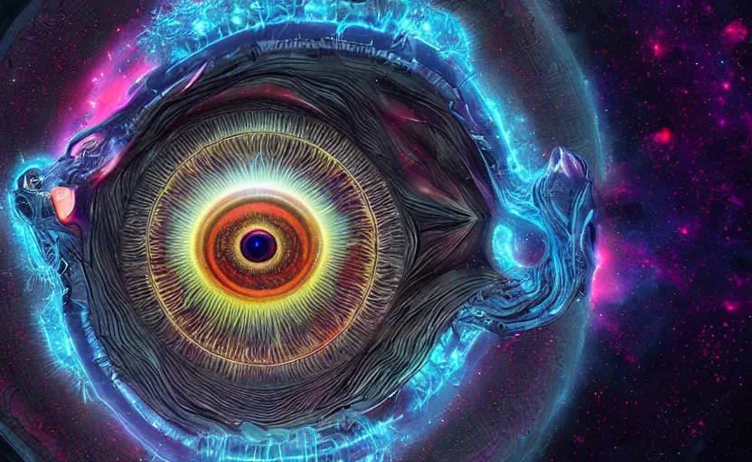Prompt: a detailed cosmic evil nebula eye, churning endlessly in the cosmos, by Alex Grey and Dan Mumford. Cosmic horror, Trending on Artstation 4k, octane render, ultra detailed.