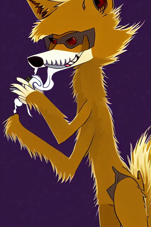 Image similar to an anthropomorphic male coyote fursona smoking a joint, furry art, deviantart, digital art