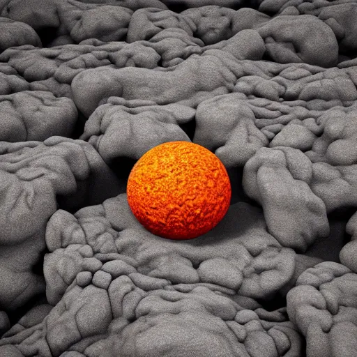 Image similar to a ball made of humans floating above lava, 3D render