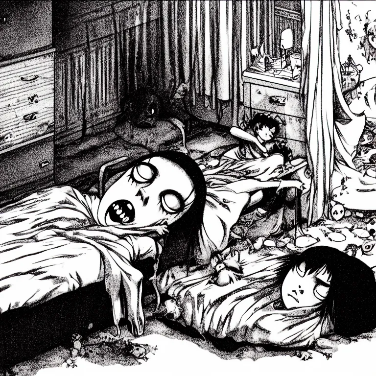 Prompt: cursed illustration of beautifully ominous creepy sleep paralysis demon observing sleeping teenager inside 1 9 8 0's cluttered bedroom. manga style of junji ito, kentaro mirua, weirdcore, octane render