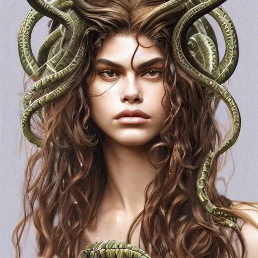 Image similar to Kaia Gerber as Medusa, frowning, scowl, snakes for hair, intricate, elegant, highly detailed, digital painting, artstation, concept art, smooth, sharp focus, illustration, art by artgerm and greg rutkowski and alphonse mucha