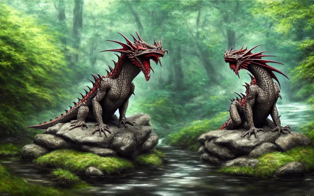 Prompt: A single dragon sitting on a rock within a woodland creek, highly detailed, trending on pixiv, realistic oil paint artwork made in 2020.