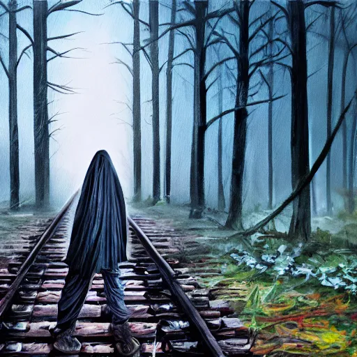 Image similar to ominous bedsheet ghost standing on train tracks in the forest, oil painting, brush strokes, gloomy foggy atmosphere, symmetrical, full body image, highly ornate intricate details,