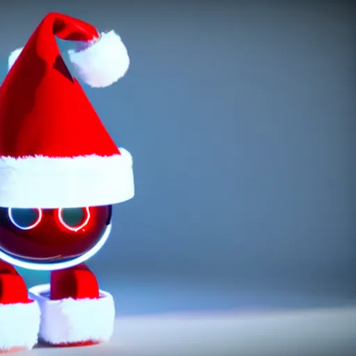 Image similar to a cute little robot with a santa claus hat. super realistic 8 k render of a elegant, cinematic composition