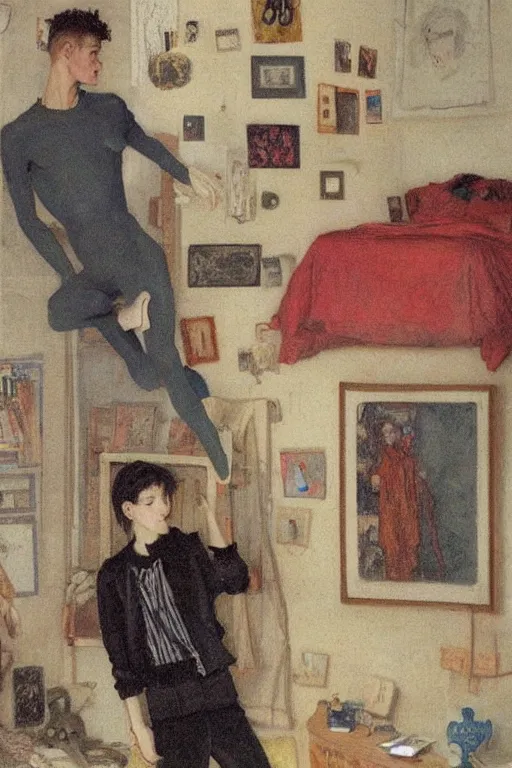 Prompt: a skinny goth guy standing in a cluttered 9 0 s bedroom, full body character concept art, vaporwave colors, jules bastien art,