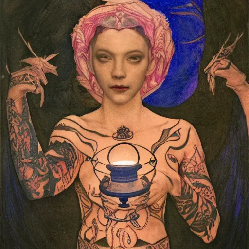 Image similar to the twilight queen with her lantern, by Annie Swynnerton and Nicholas Roerich, bioluminescent skin, tattoos, elaborate costume, geometric ornament, symbolist, smooth, sharp focus, extremely detailed