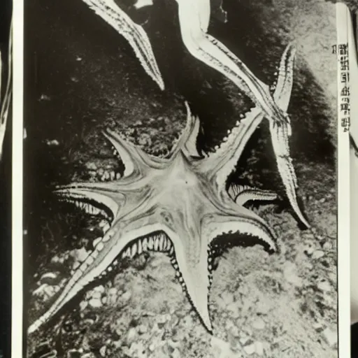 Image similar to rare vintage footage of a giant Kaiju Starfish monster, overshadowing Kim Jong-il, shin sang-ok and Choi Eun-hee escaping, obscured underexposed view