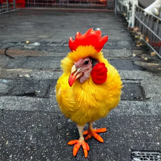 Prompt: cute chicken dressed as a prisioner in jail