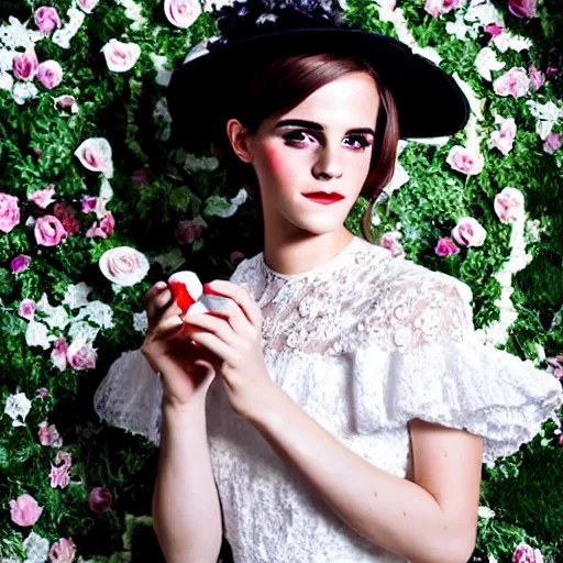 Image similar to on textured paper full body fashion model emma watson smokey eyes makeup eye shadow fantasy, glow, shimmer as victorian woman in a long white frilly lace dress and a large white hat having tea in a sunroom filled with flowers, roses and lush fern flowers ,intricate, night, highly detailed, dramatic lighting , high quality