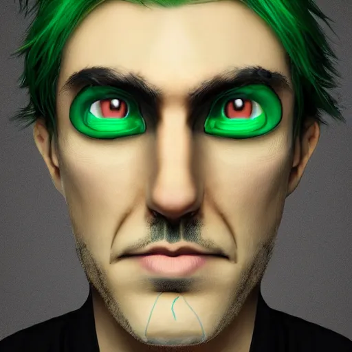 Image similar to portrait of a man with green hair, with eyes that look like a clock, trending on artstation