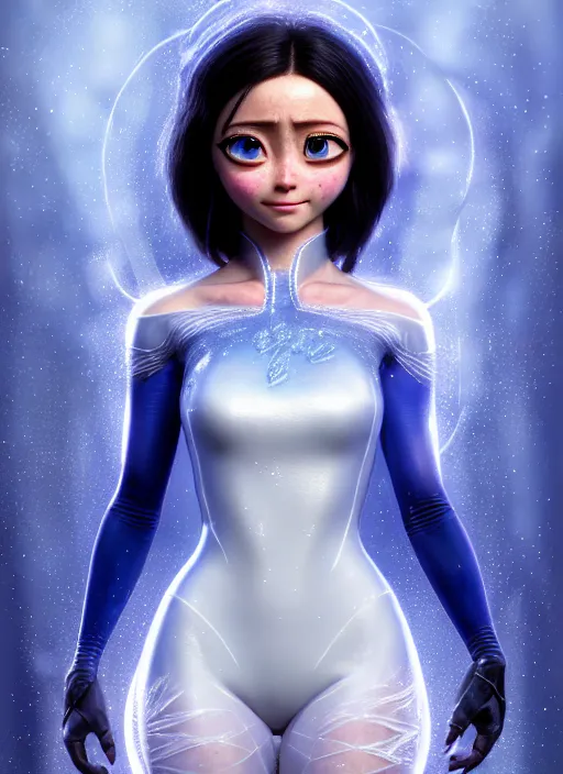 Image similar to Alita as Elsa, au naturel, hyper detailed, digital art, trending in artstation, cinematic lighting, studio quality, smooth render, unreal engine 5 rendered, octane rendered, art style by klimt and nixeu and ian sprigger and wlop and krenz cushart