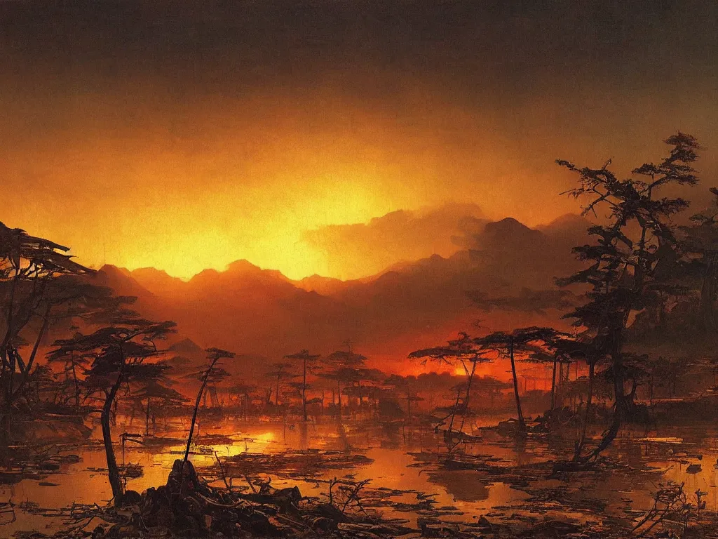 Image similar to a post apocalyptic japanese landscape after a nuclear war, beautiful radioactive sunset lighting, beautiful painting, japanese village, painted by albert bierstadt