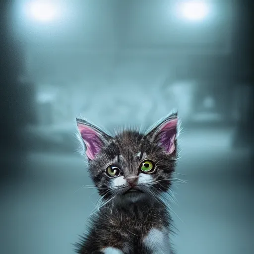 Image similar to full body pose, hyperrealistic photograph of a grotesque kitten, dim volumetric lighting, 8 k, octane beautifully detailed render, extremely hyper detailed, intricate, epic composition, cinematic lighting, masterpiece, trending on artstation, very very detailed, stunning, hdr, smooth, sharp focus, high resolution, award, winning photo, dslr, 5 0 mm