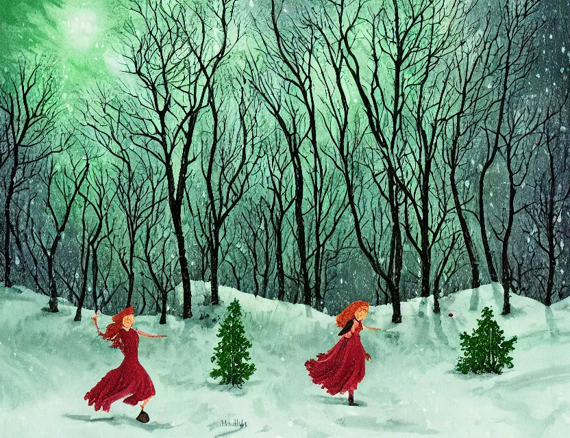 Image similar to lush green chia pet frolicking in snowy woods, stormy skies. russian fairytale art, gouache, dynamic composition, backlighting