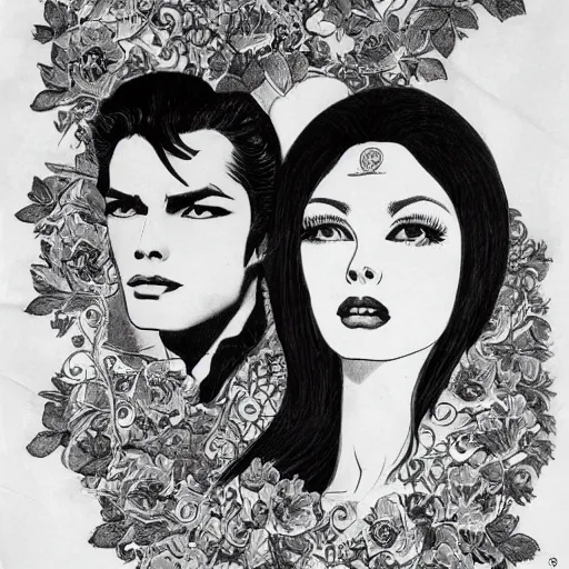 Image similar to 1 9 6 0 s drawing symmetrical pretty elegant brigitte bardot as a vampire with alain delon, very detailed intricate intaglio, style of takato yamamoto!!! lots of flowers