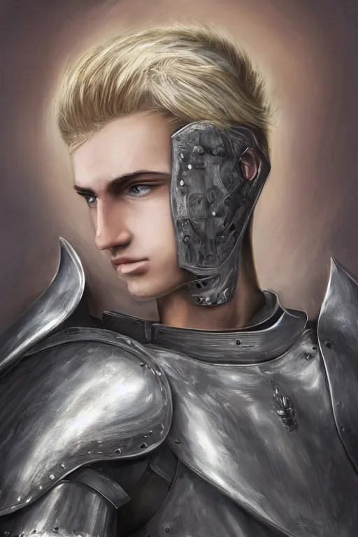 Image similar to a blonde male teenager wearing a silver plate armor, digital painting, digital art, oil painting, masterpiece, realistic and detailed face, profile picture, realistic, highly detailed, high quality, symmetrical, low contrast, trending on deviantart, soft colors, soft lighting, face portrait, beautiful, elegant, castle in the background, bokeh, artgem style