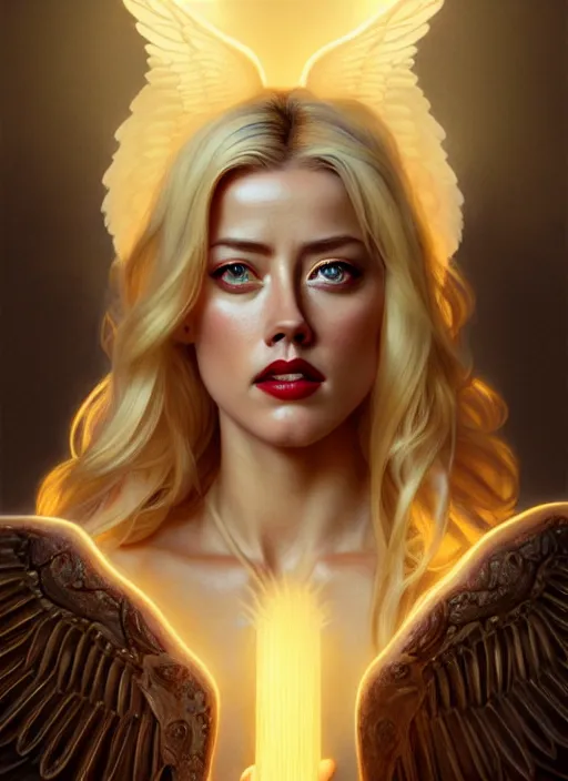 Image similar to portrait of amber heard as an blonde angel, wings, bible, intricate, headshot, highly detailed, digital painting, artstation, concept art, sharp focus, cinematic lighting, illustration, art by artgerm and greg rutkowski, alphonse mucha, cgsociety