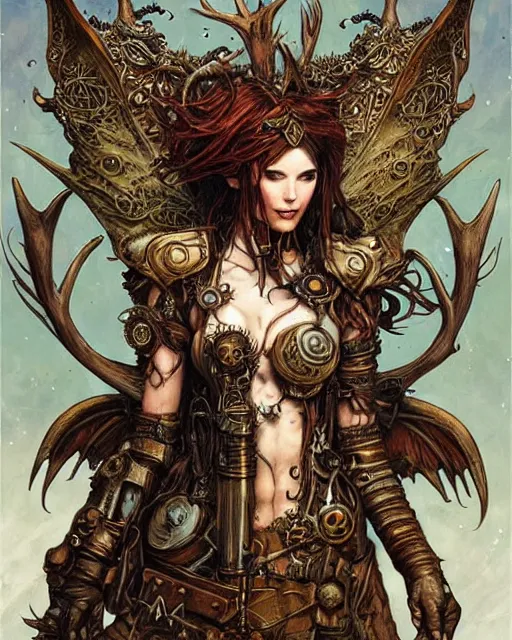 Prompt: steampunk paladin with fairy wings and elk antlers by karol bak and rebecca guay