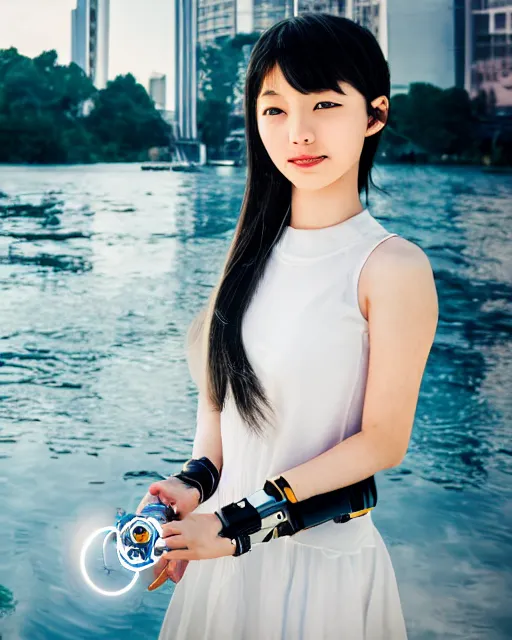 Image similar to beautiful centered photo portrait of korean girl as a solarpunk robotic cyborg with white mechanical parts and implanted bright halogen lamps, treading on calm water, ultra - realistic and detailed, sun lit, white background, bokeh, soft focus, slow exposure hdr 8 k