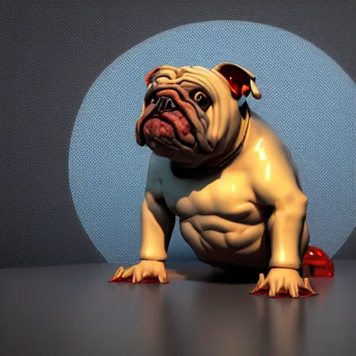 Image similar to « a cartoon cyborg bulldog sitting down, cyberpunk art by grillo demo, cgsociety, 2 d art, future tech, made of liquid metal, sketchfab »